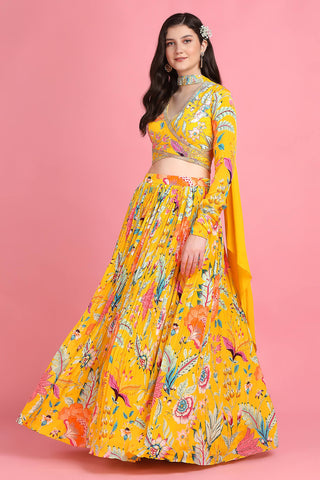 Yellow floral overlap blouse and lehenga set