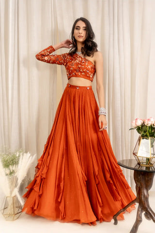 Rust orange panelled lehenga set