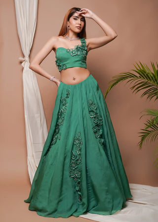 Bright green organza indo lehenga and blouse