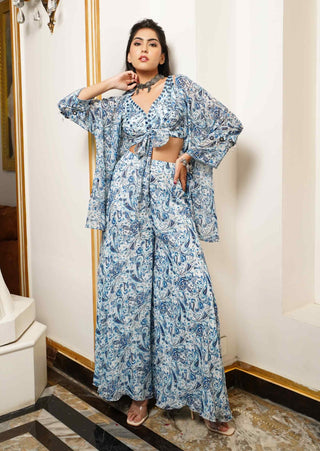 White and blue paisley kimono and palazzo set