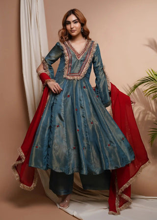 Blue red tissue silk anarkali suit set