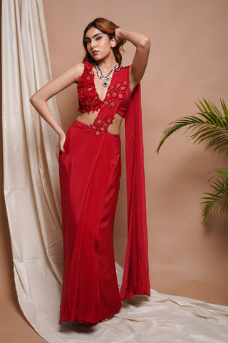 Red pre-stitched draped saree and bustier