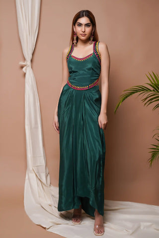 Bottle green backless bustier and drape skirt