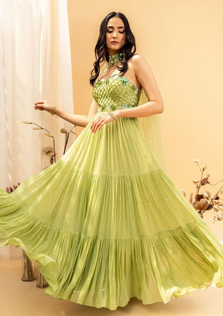 Green floral embroidered corset anarkali and dupatta