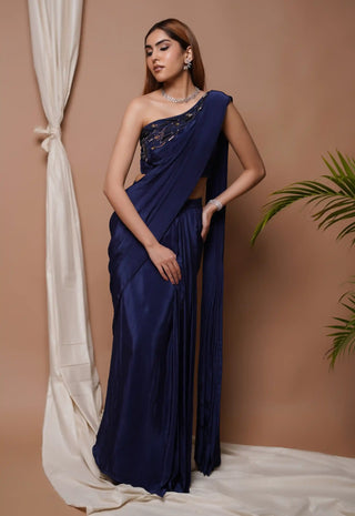 Navy pre-stitched draped saree and blouse