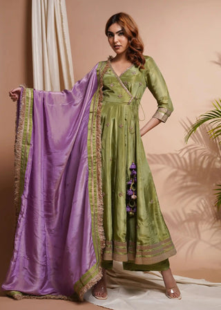 Green purple tissue silk angrakha anarkali set