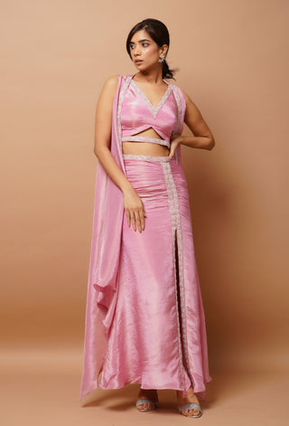 Pink shimmer draped skirt and cape set