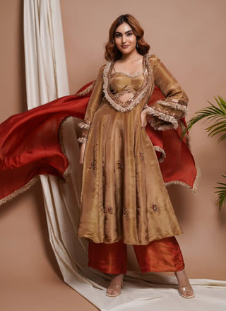 Golden tissue silk anarkali suit set