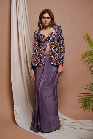 Violet digital printed coat and drape skirt