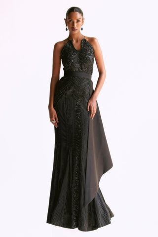 Black embellished trumpet reim gown