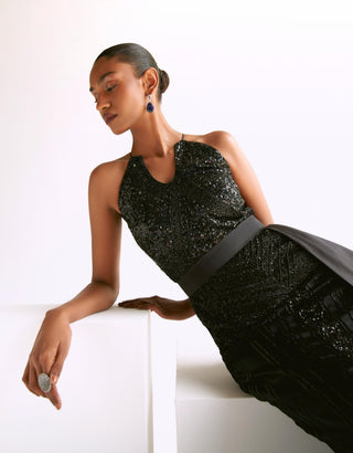 Black embellished trumpet reim gown