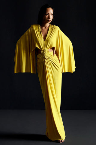 Yellow batwing sleeve cutout reim gown