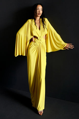 Yellow batwing sleeve cutout reim gown