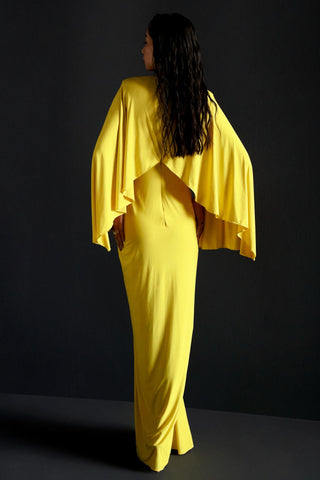 Yellow batwing sleeve cutout reim gown