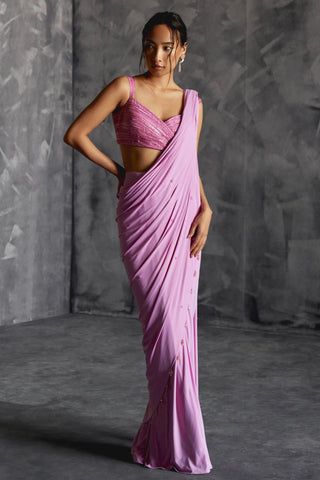 Purple draped reim saree with embellished overlap blouse