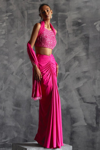 Pink fitted gathered reim skirt with embellished blouse and dupatta