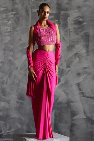 Pink fitted gathered reim skirt with embellished blouse and dupatta