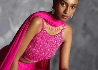 Pink fitted gathered reim skirt with embellished blouse and dupatta