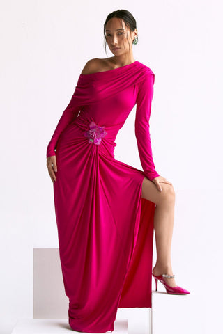 Pink off shoulder gathered waist reim gown