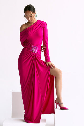 Pink off shoulder gathered waist reim gown