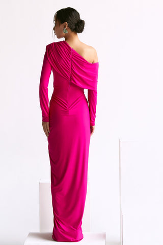 Pink off shoulder gathered waist reim gown