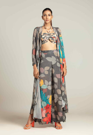 Multicolor exotica cape with bustier and high slit pants