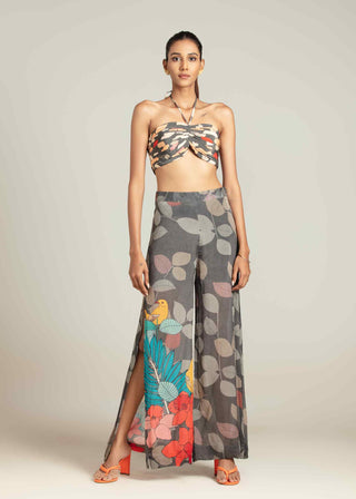 Multicolor exotica cape with bustier and high slit pants