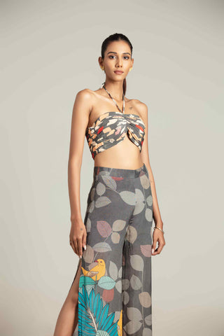 Multicolor exotica cape with bustier and high slit pants