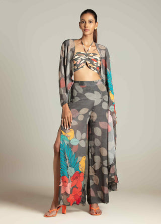 Multicolor exotica cape with bustier and high slit pants