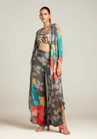 Multicolor exotica cape with bustier and high slit pants