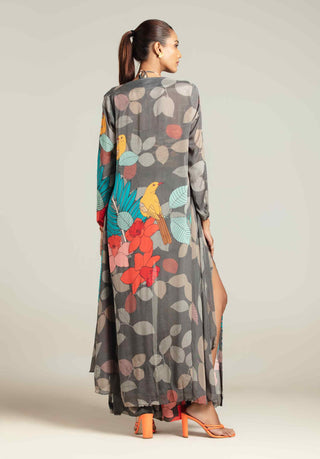 Multicolor exotica cape with bustier and high slit pants