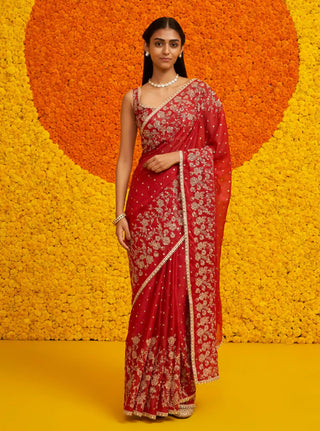 Jigar red organza sari and blouse piece