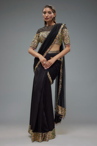 Black raw silk and net sequence embroidered saree set