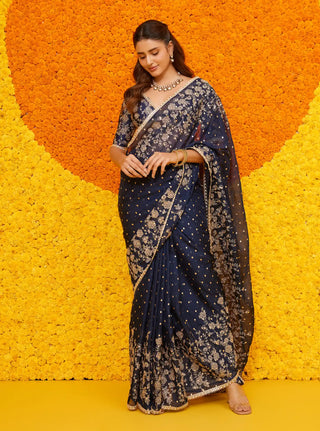 Jigar navy organza sari and blouse piece