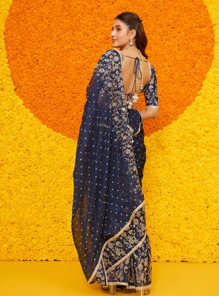 Jigar navy organza sari and blouse piece