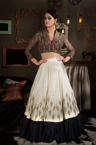 Brown block lehenga and blouse