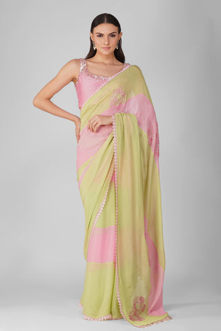 Pink green starry rose striped saree set