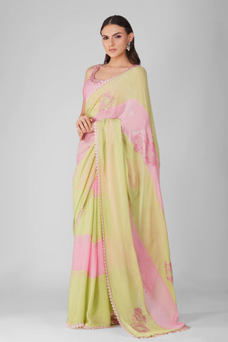 Pink green starry rose striped saree set