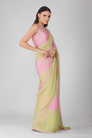 Pink green starry rose striped saree set