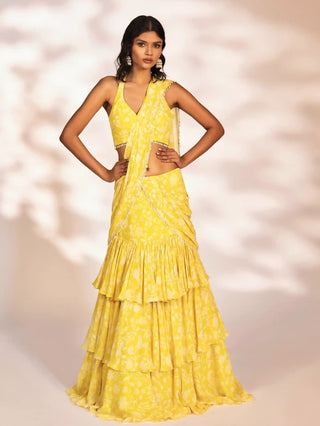 Amani yellow printed pre-draped saree and blouse