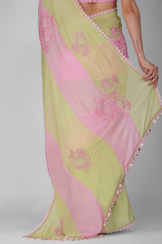 Pink green starry rose striped saree set