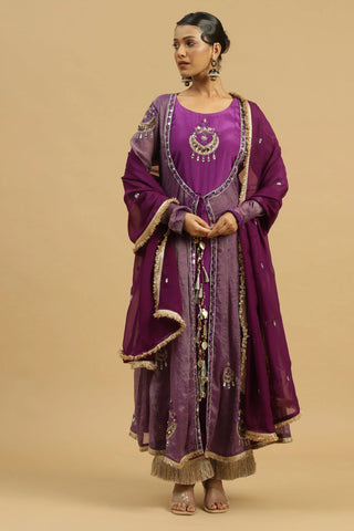 Purple anarkali with detached slip paired with straight pants & dupatta