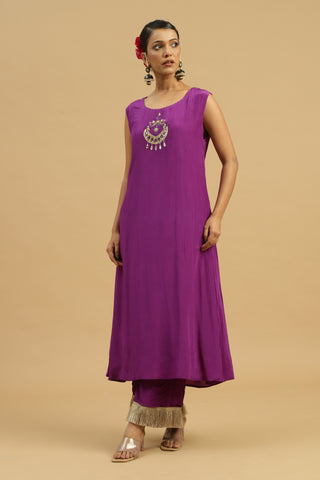 Purple anarkali with detached slip paired with straight pants & dupatta