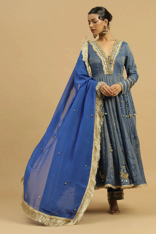 Blue anarkali suit with straight pants & dupatta