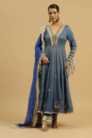 Blue anarkali suit with straight pants & dupatta