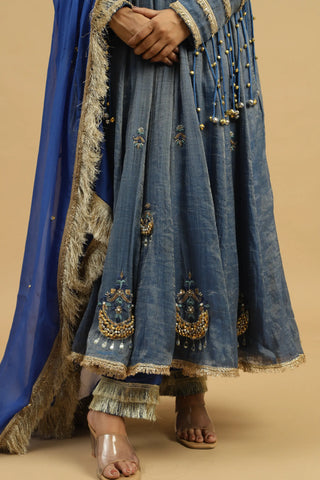 Blue anarkali suit with straight pants & dupatta