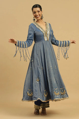 Blue anarkali suit with straight pants & dupatta