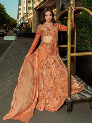 Orange pre-draped lehenga saree set