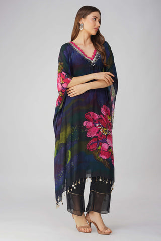 Black flower print kaftan and pant set