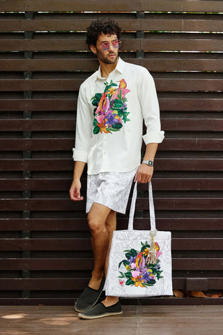 White meadow printed shirt with shorts